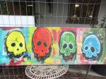 4 skulls / Acryl auf altes Leinen / kein Keilrahmen / Rahmen selbst gebaut und verschraubt / von Marc Schmelz / 2013 / ca 60x192x5